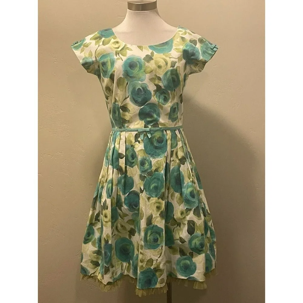 SARA CAMPBELL Vintage 90's Romantic Watercolor Floral Summer Fit & Flare Dress 6